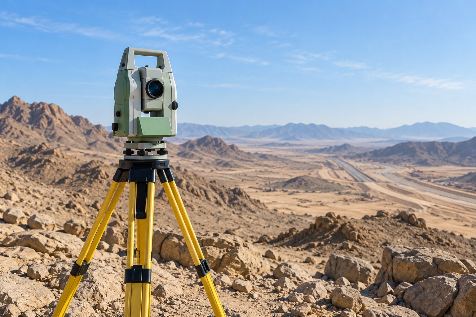 Illustrative field-survey scene with a precision instrument in an arid Saudi landscape
